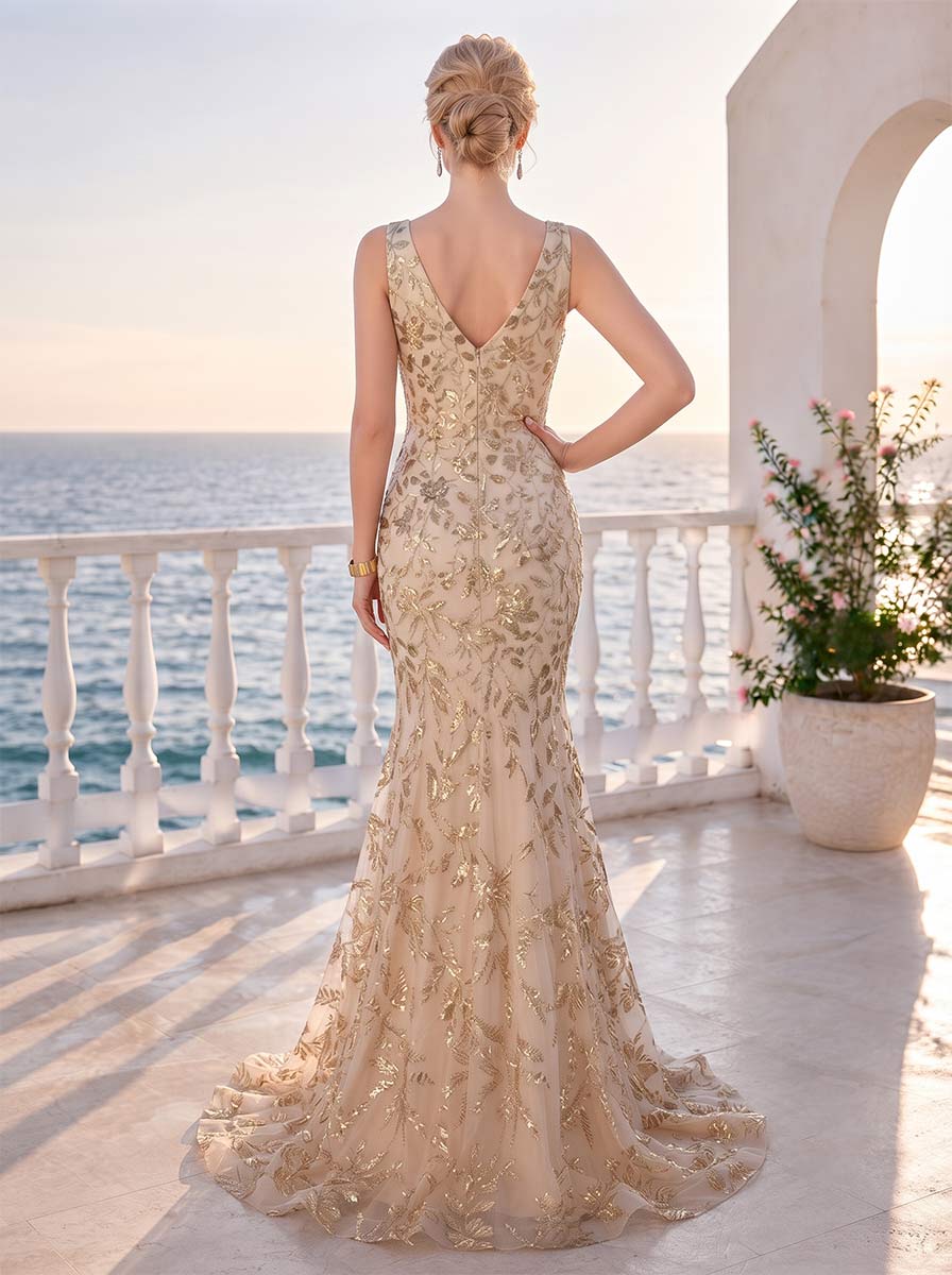 Trumpet/Mermaid V-Neck Sleeveless Floor-Length Formal Dresses With Sequins