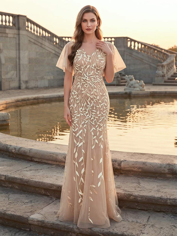 Trumpet/Mermaid V-Neck Short Sleeves Floor-Length Formal Dresses With Sequins