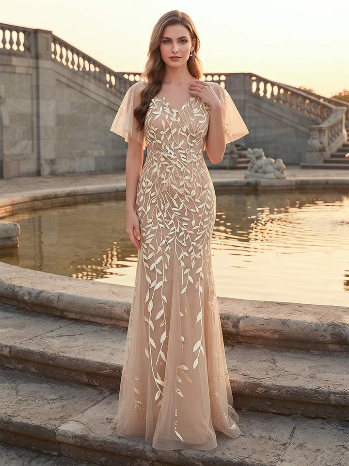 Trumpet/Mermaid V-Neck Short Sleeves Floor-Length Formal Dresses With Sequins