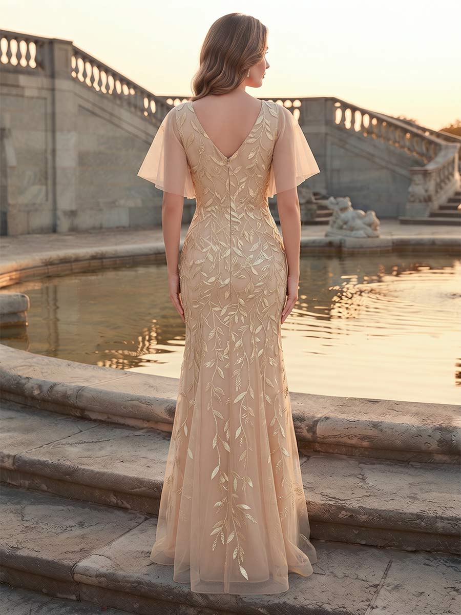 Trumpet/Mermaid V-Neck Short Sleeves Floor-Length Formal Dresses With Sequins