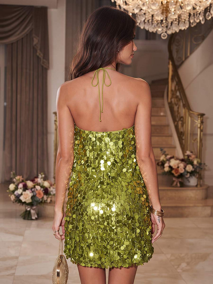 A-Line/Princess Halter Sleeveless Short/Mini Rush Dresses With Sequins