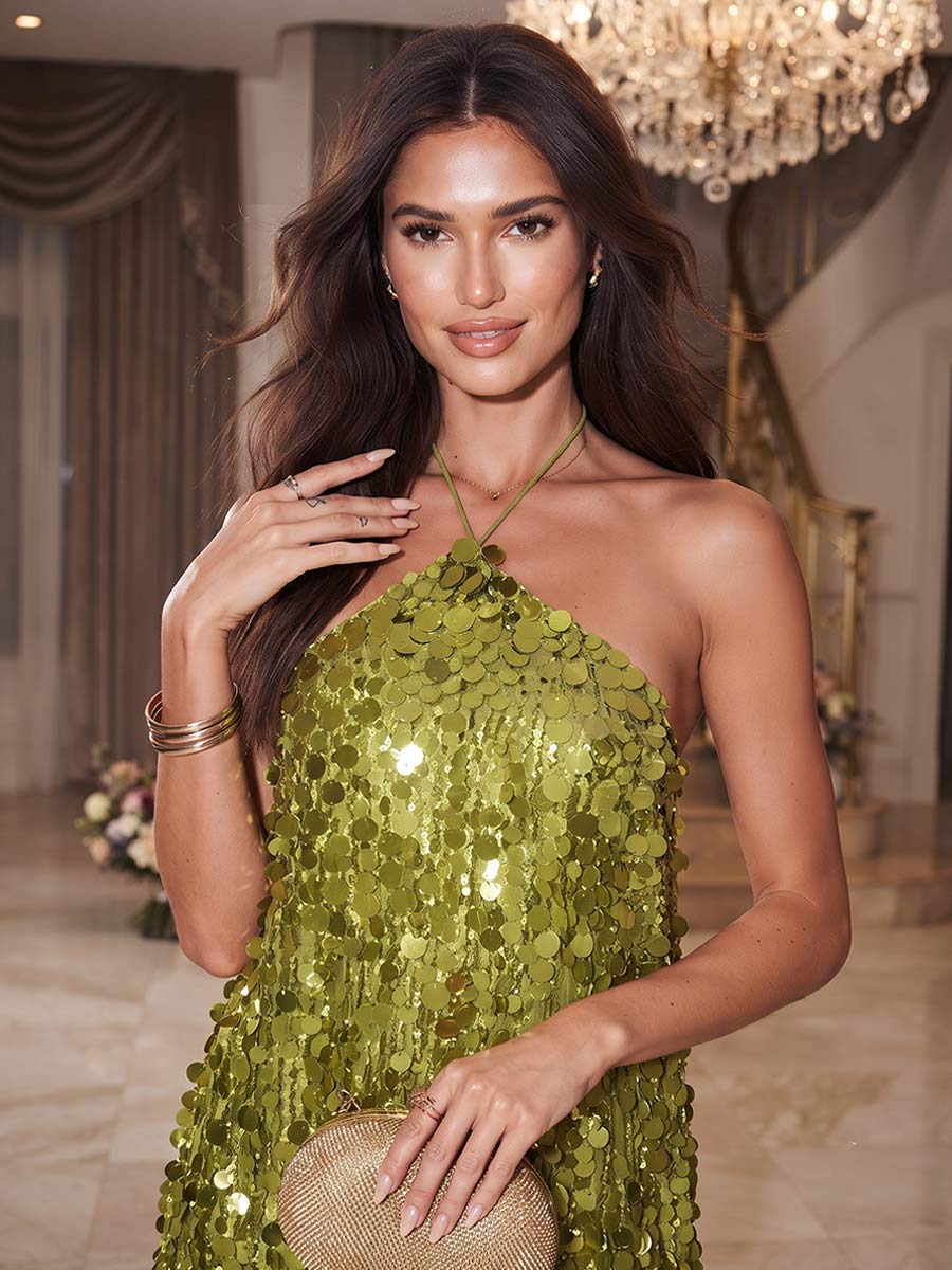 A-Line/Princess Halter Sleeveless Short/Mini Rush Dresses With Sequins