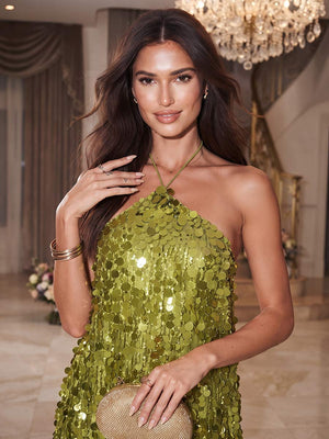 A-Line/Princess Halter Sleeveless Short/Mini Rush Dresses With Sequins