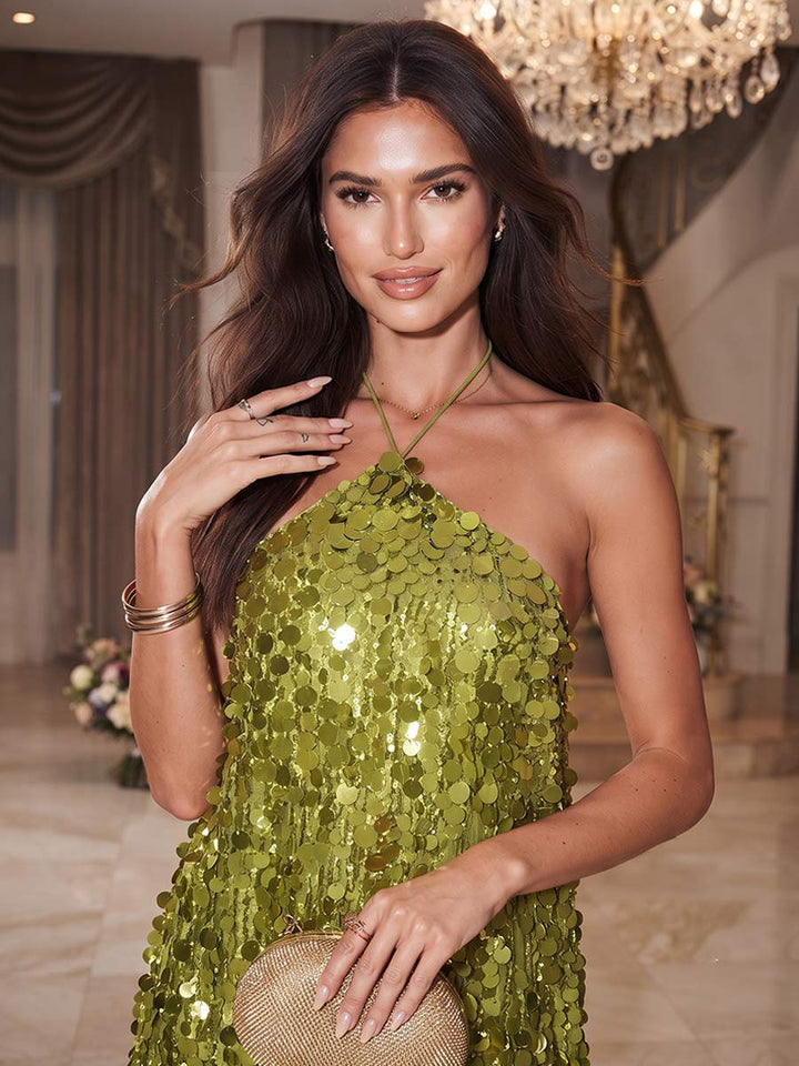 A-Line/Princess Halter Sleeveless Short/Mini Rush Dresses With Sequins