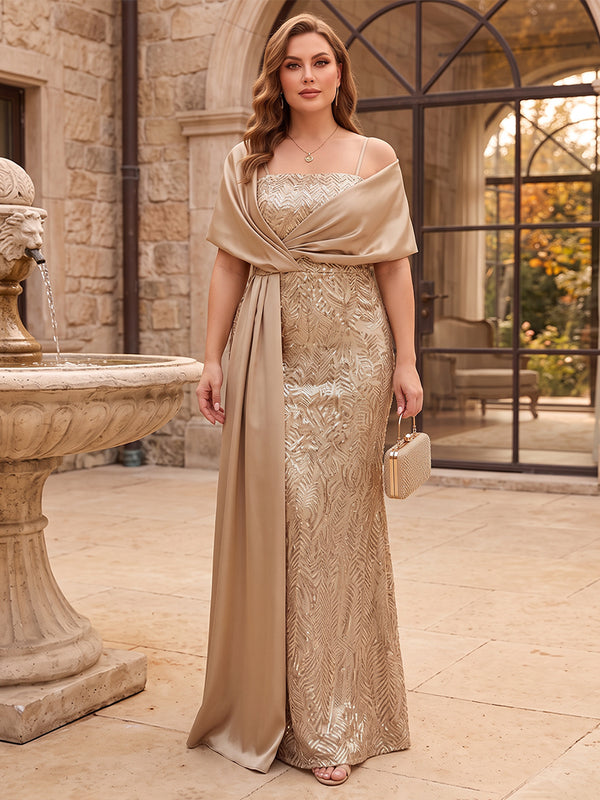 Sheath/Column Spaghetti Straps Cap Sleeves Stretch Crepe Floor-Length Plus Size Mother of the Bride Dresses with Sequins&Appliques
