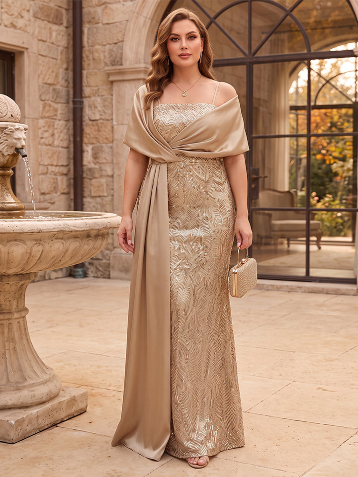 Sheath/Column Spaghetti Straps Cap Sleeves Stretch Crepe Floor-Length Plus Size Mother of the Bride Dresses with Sequins&amp;Appliques