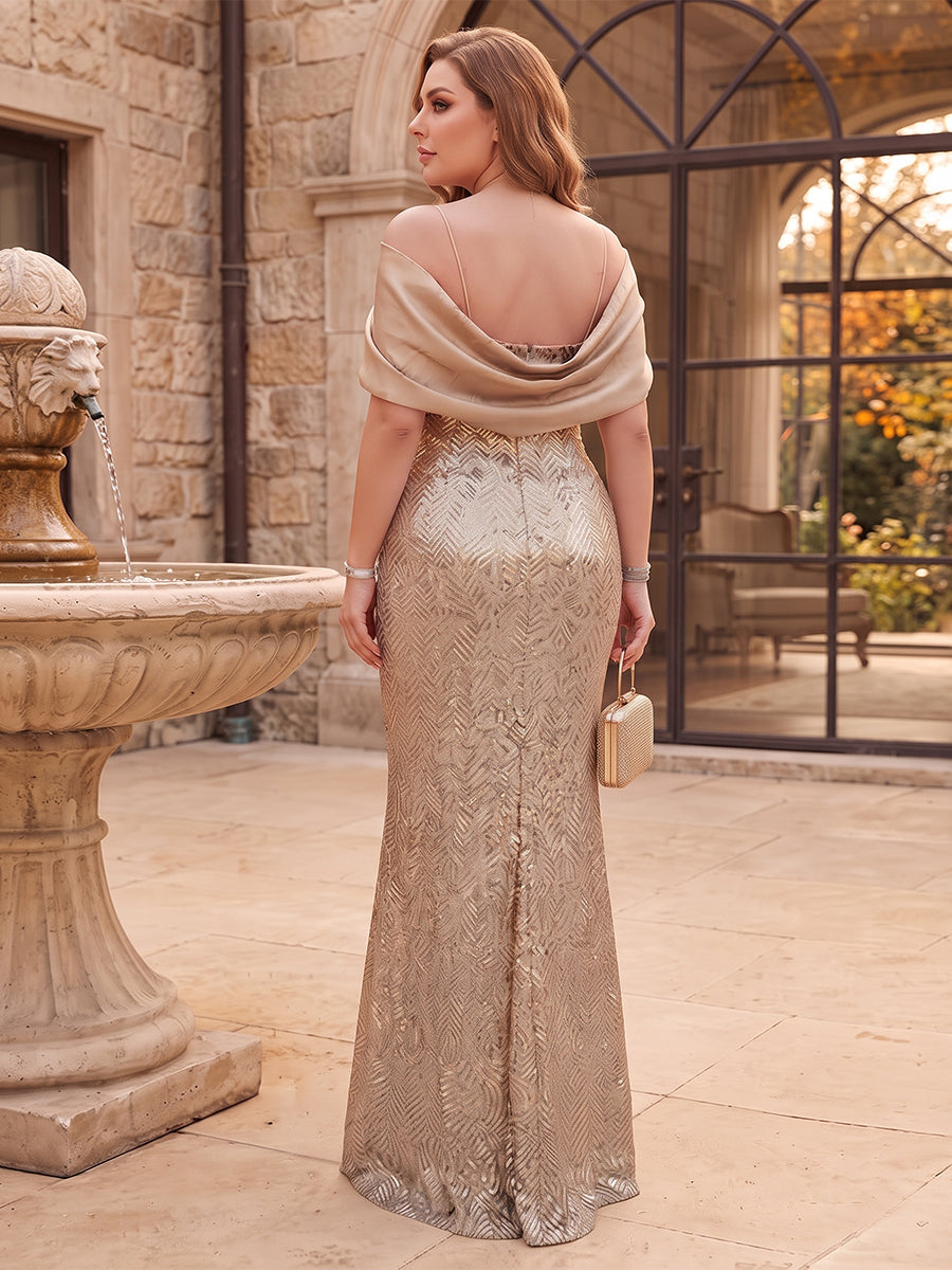 Sheath/Column Spaghetti Straps Cap Sleeves Stretch Crepe Floor-Length Plus Size Mother of the Bride Dresses with Sequins&amp;Appliques