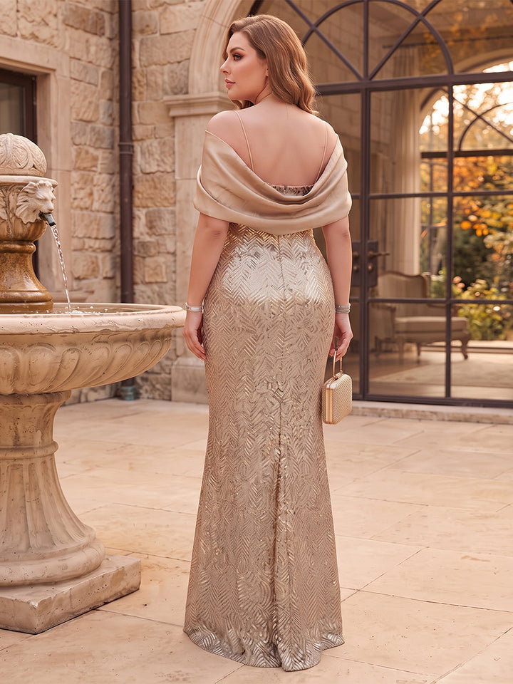 Sheath/Column Spaghetti Straps Cap Sleeves Stretch Crepe Floor-Length Plus Size Mother of the Bride Dresses with Sequins&amp;Appliques