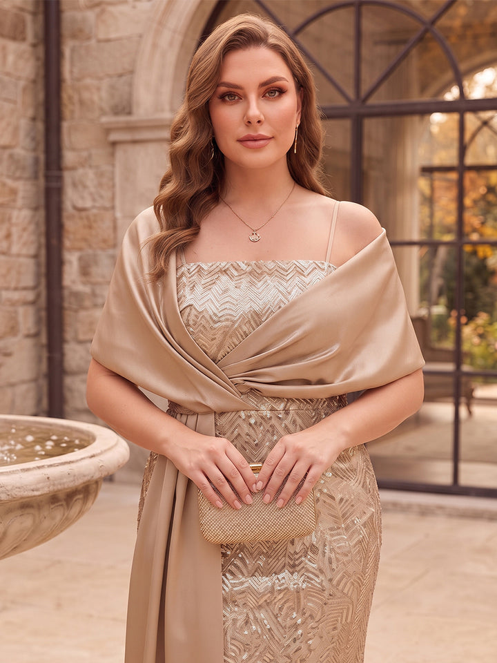Sheath/Column Spaghetti Straps Cap Sleeves Stretch Crepe Floor-Length Plus Size Mother of the Bride Dresses with Sequins&amp;Appliques