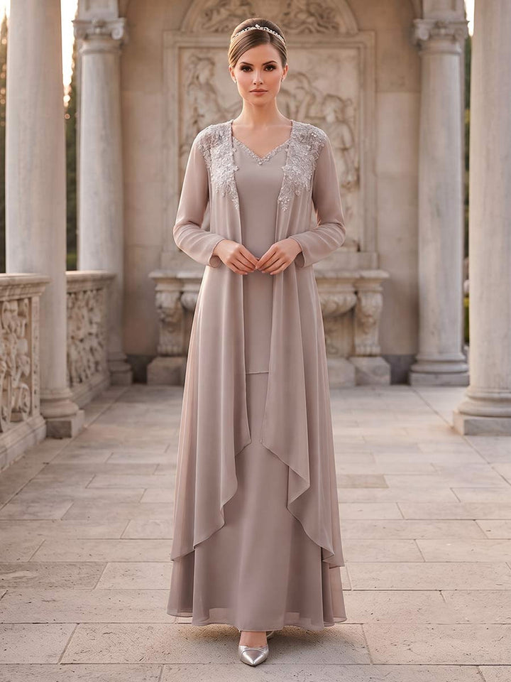 A-Line/Princess 2 Pieces Long Sleeves V Neck Floor Length Mother Of The Bride Dresses With Ruffles &amp; Appliques