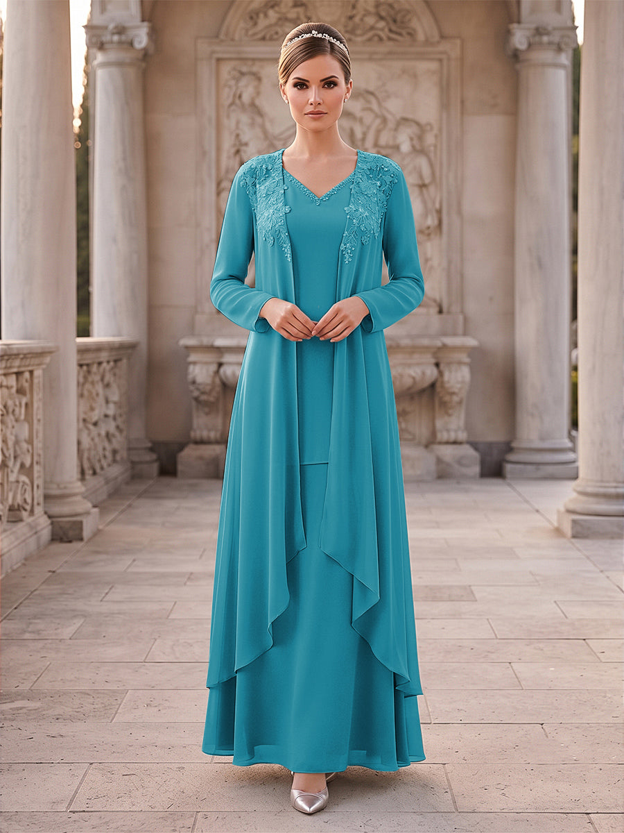 A-Line/Princess 2 Pieces Long Sleeves V Neck Floor Length Mother Of The Bride Dresses With Ruffles &amp; Appliques