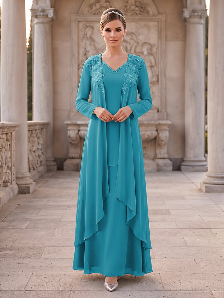 A-Line/Princess 2 Pieces Long Sleeves V Neck Floor Length Mother Of The Bride Dresses With Ruffles &amp; Appliques
