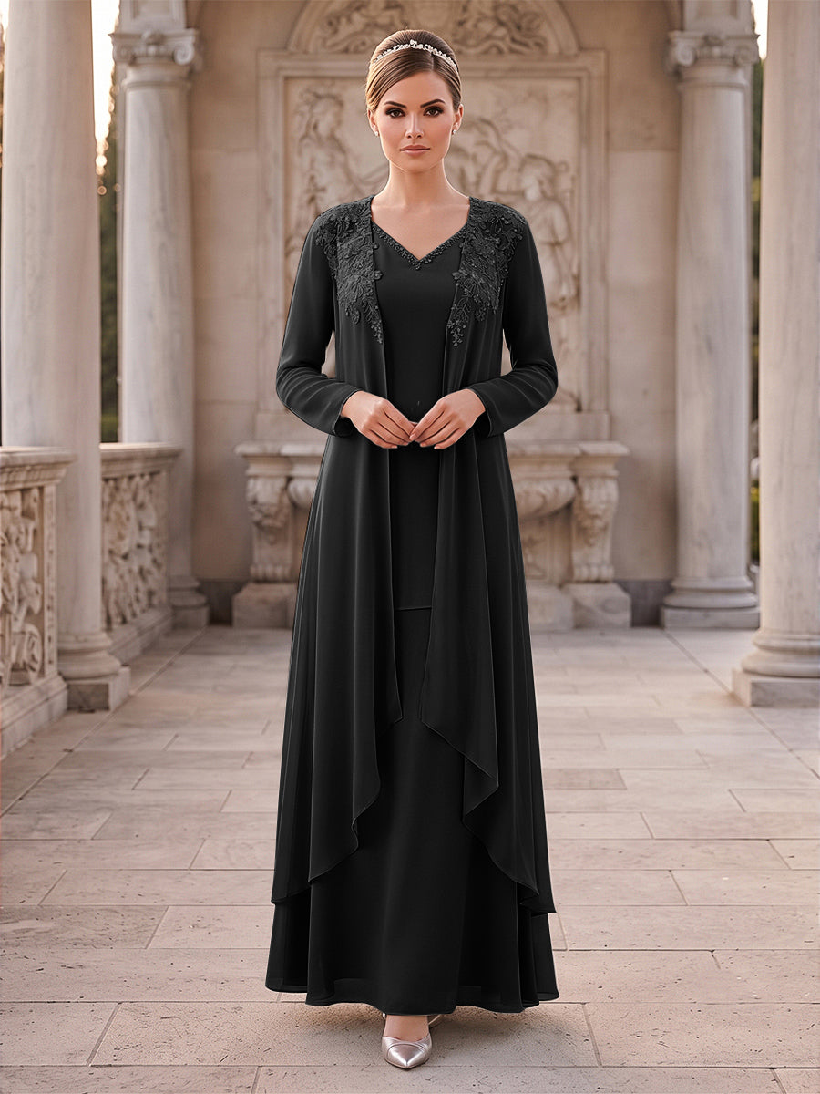 A-Line/Princess 2 Pieces Long Sleeves V Neck Floor Length Mother Of The Bride Dresses With Ruffles &amp; Appliques