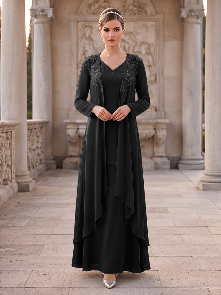 A-Line/Princess 2 Pieces Long Sleeves V Neck Floor Length Mother Of The Bride Dresses With Ruffles &amp; Appliques