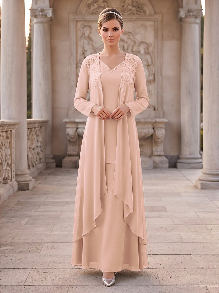 A-Line/Princess 2 Pieces Long Sleeves V Neck Floor Length Mother Of The Bride Dresses With Ruffles &amp; Appliques