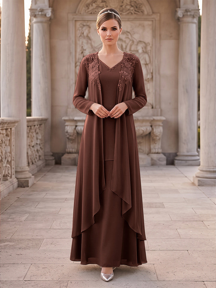 A-Line/Princess 2 Pieces Long Sleeves V Neck Floor Length Mother Of The Bride Dresses With Ruffles &amp; Appliques