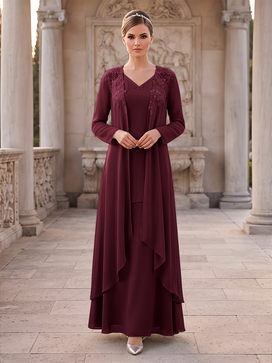 A-Line/Princess 2 Pieces Long Sleeves V Neck Floor Length Mother Of The Bride Dresses With Ruffles &amp; Appliques
