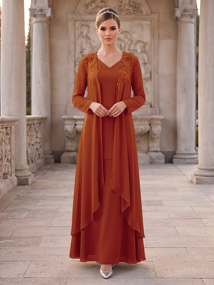 A-Line/Princess 2 Pieces Long Sleeves V Neck Floor Length Mother Of The Bride Dresses With Ruffles &amp; Appliques