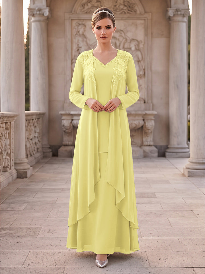A-Line/Princess 2 Pieces Long Sleeves V Neck Floor Length Mother Of The Bride Dresses With Ruffles &amp; Appliques