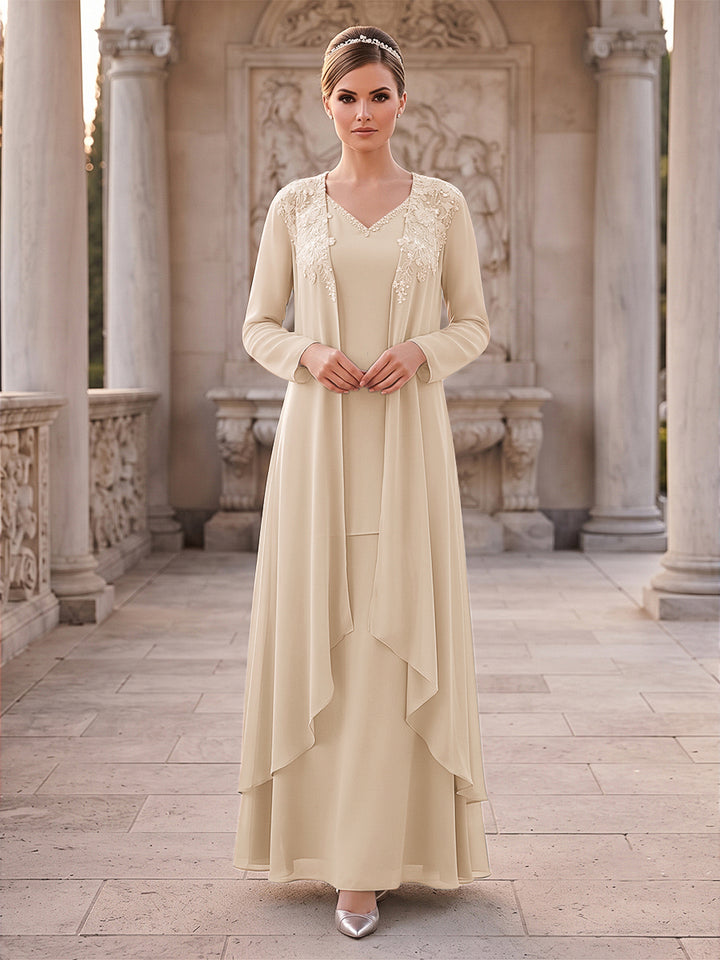 A-Line/Princess 2 Pieces Long Sleeves V Neck Floor Length Mother Of The Bride Dresses With Ruffles &amp; Appliques