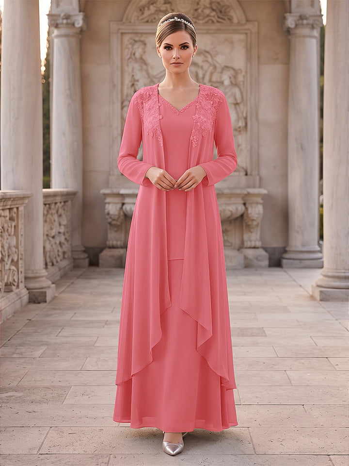 A-Line/Princess 2 Pieces Long Sleeves V Neck Floor Length Mother Of The Bride Dresses With Ruffles &amp; Appliques