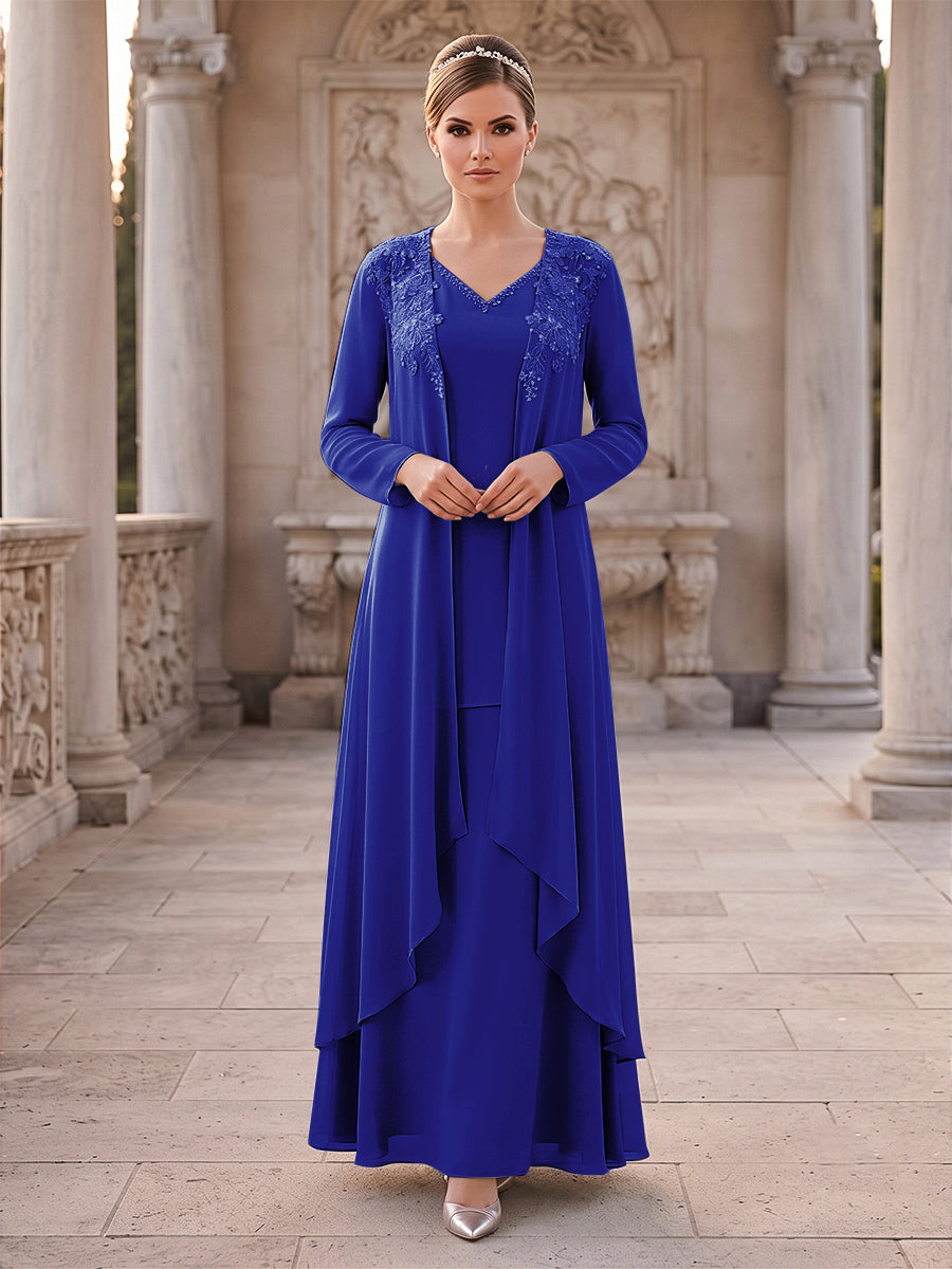 A-Line/Princess 2 Pieces Long Sleeves V Neck Floor Length Mother Of The Bride Dresses With Ruffles &amp; Appliques