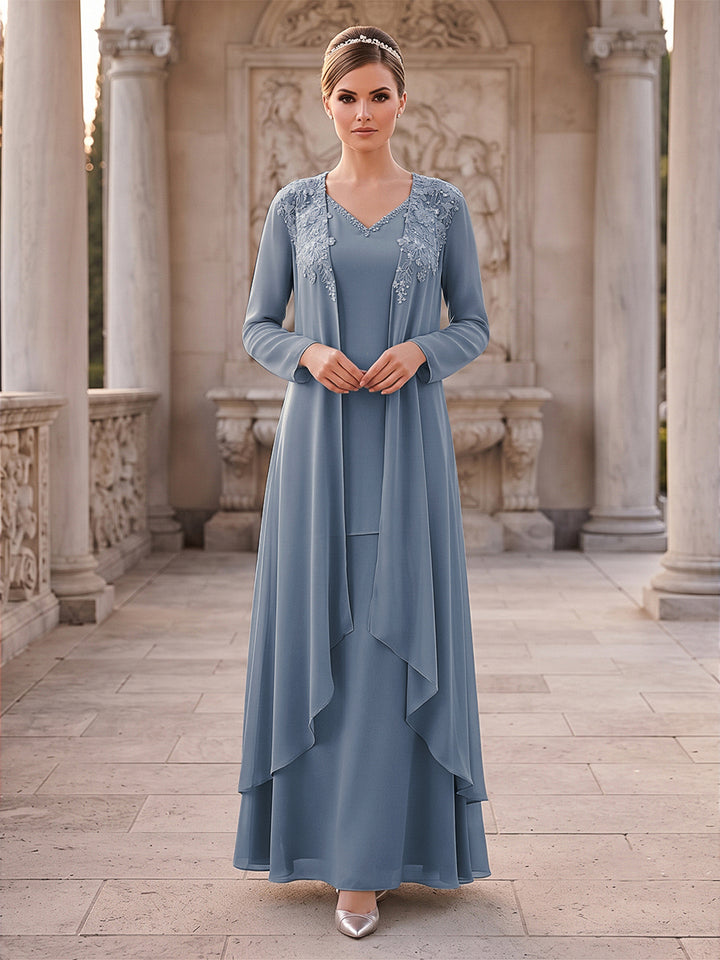 A-Line/Princess 2 Pieces Long Sleeves V Neck Floor Length Mother Of The Bride Dresses With Ruffles &amp; Appliques