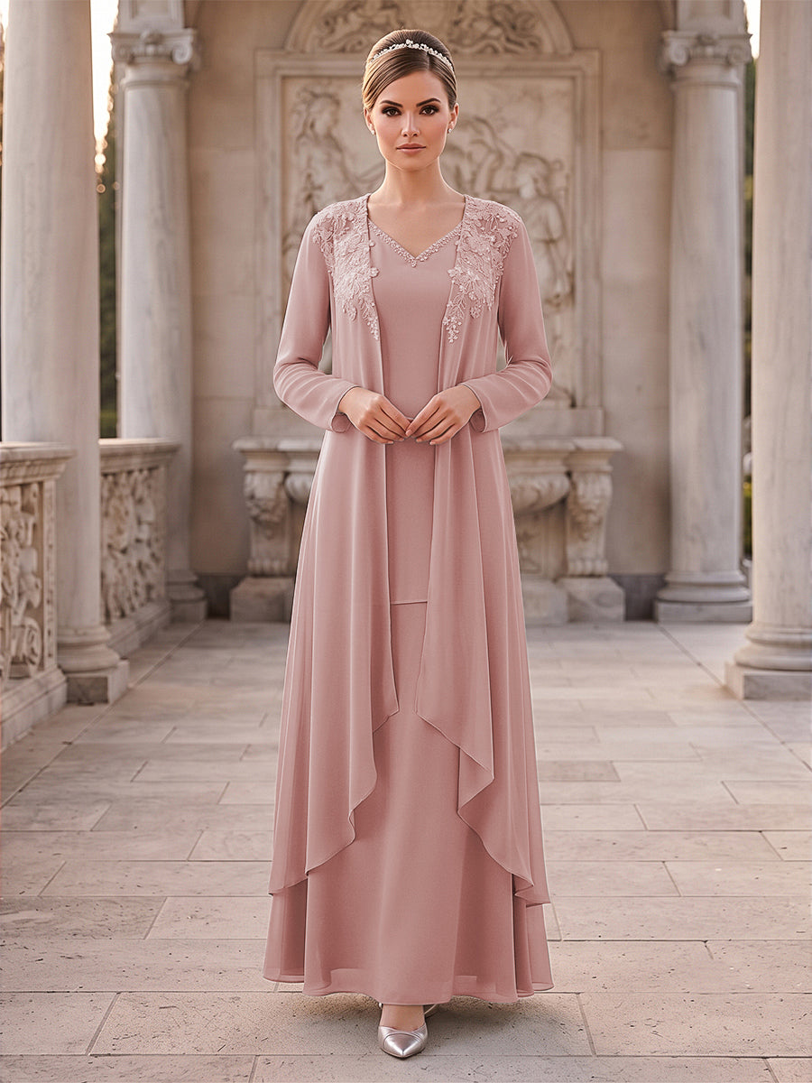 A-Line/Princess 2 Pieces Long Sleeves V Neck Floor Length Mother Of The Bride Dresses With Ruffles &amp; Appliques
