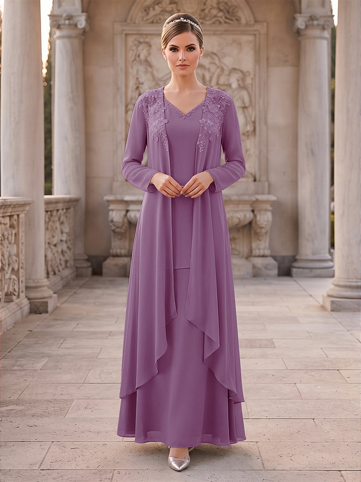 A-Line/Princess 2 Pieces Long Sleeves V Neck Floor Length Mother Of The Bride Dresses With Ruffles &amp; Appliques