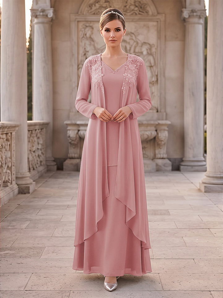 A-Line/Princess 2 Pieces Long Sleeves V Neck Floor Length Mother Of The Bride Dresses With Ruffles &amp; Appliques