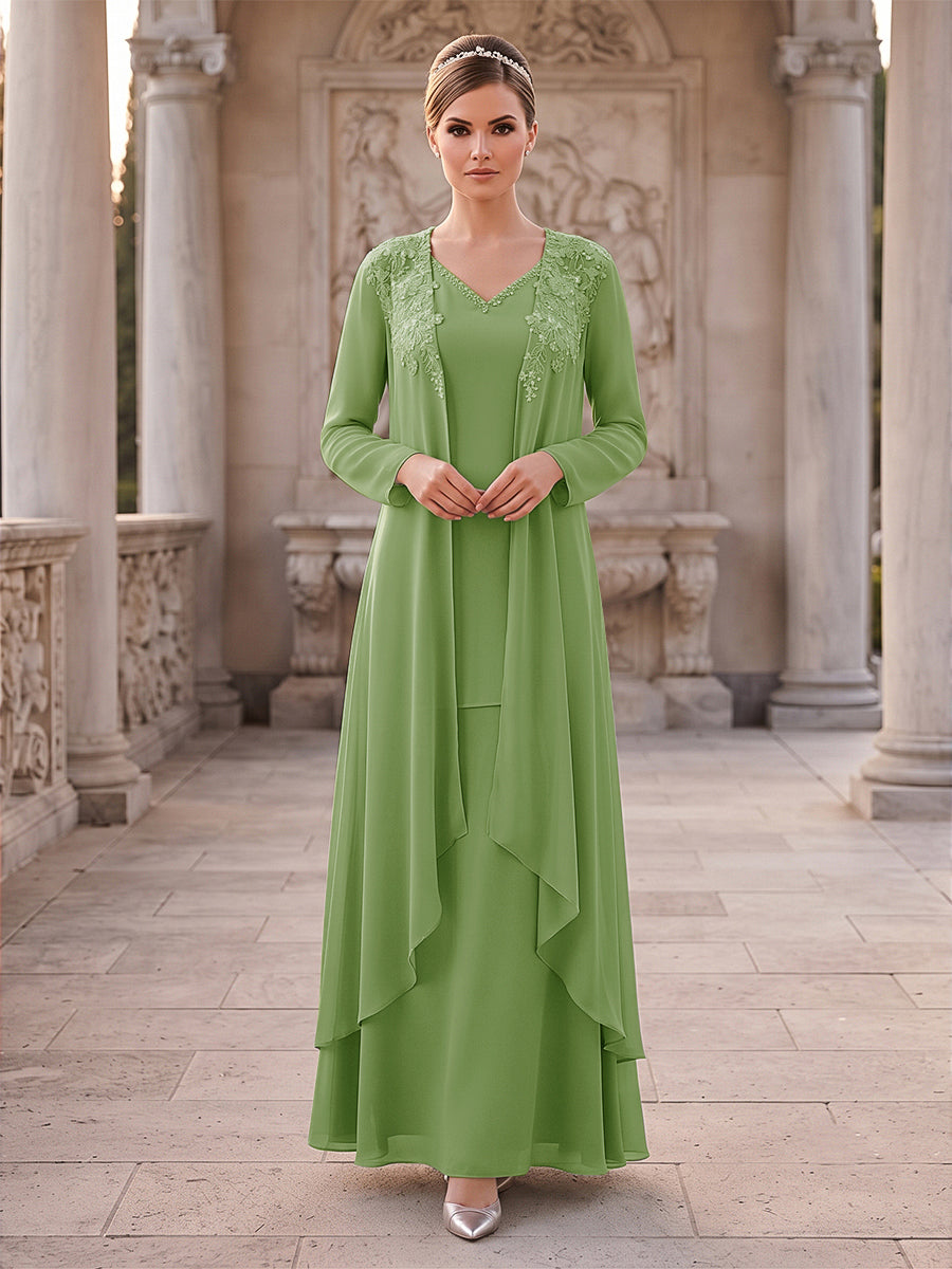 A-Line/Princess 2 Pieces Long Sleeves V Neck Floor Length Mother Of The Bride Dresses With Ruffles &amp; Appliques