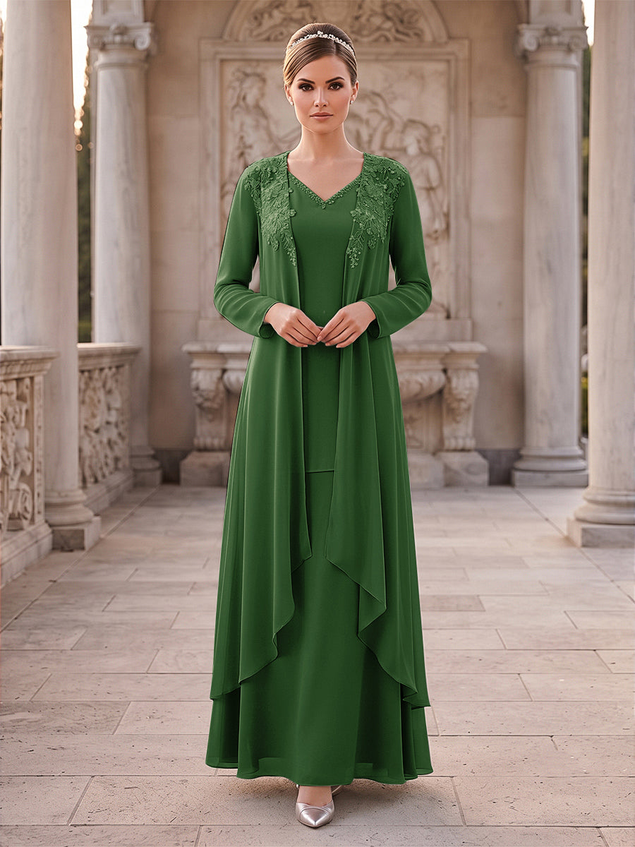 A-Line/Princess 2 Pieces Long Sleeves V Neck Floor Length Mother Of The Bride Dresses With Ruffles &amp; Appliques