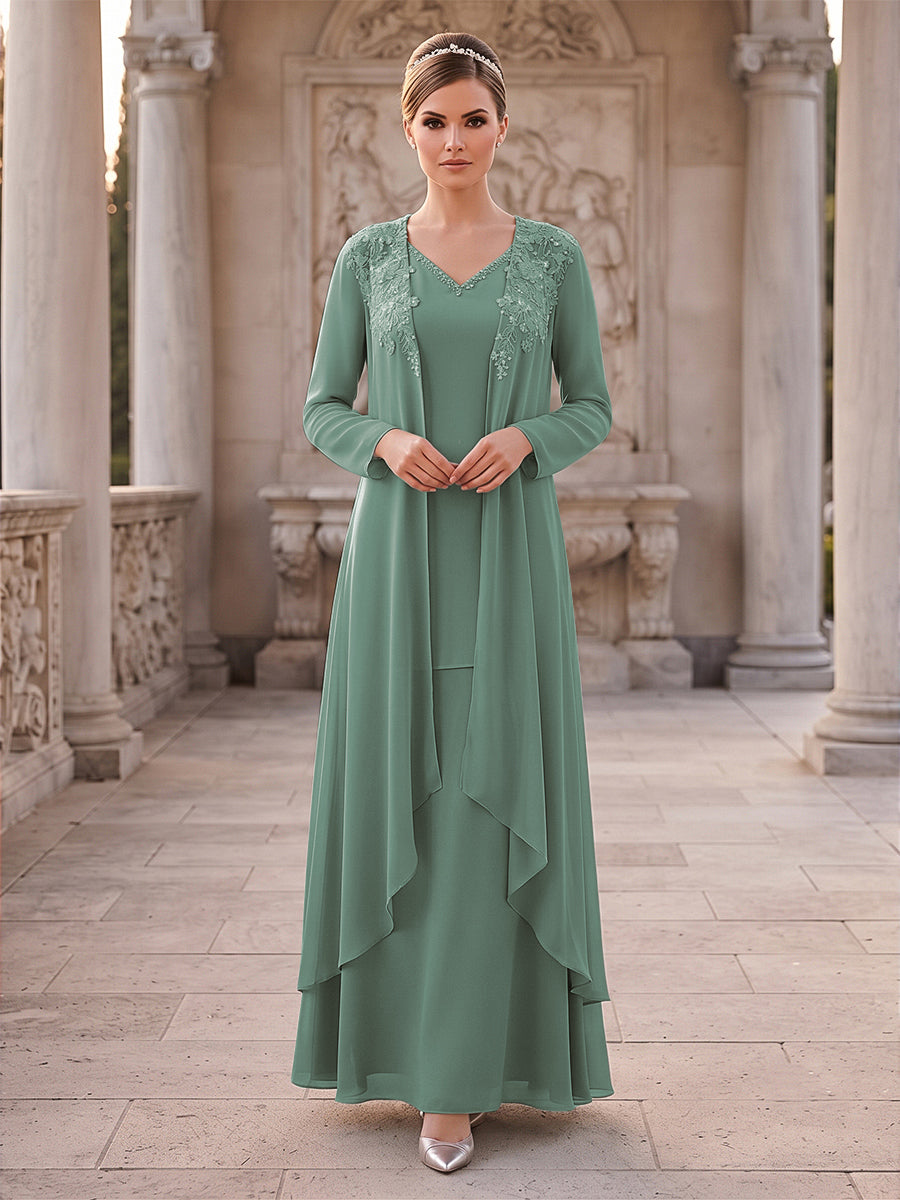 A-Line/Princess 2 Pieces Long Sleeves V Neck Floor Length Mother Of The Bride Dresses With Ruffles &amp; Appliques