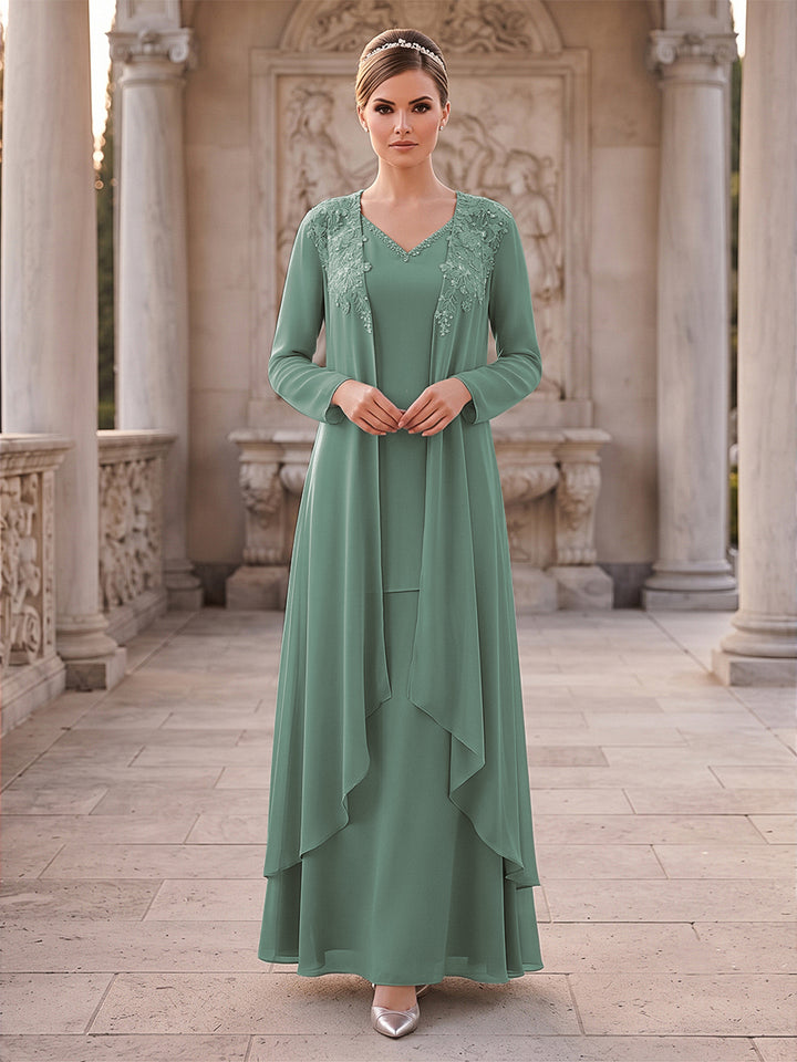 A-Line/Princess 2 Pieces Long Sleeves V Neck Floor Length Mother Of The Bride Dresses With Ruffles &amp; Appliques