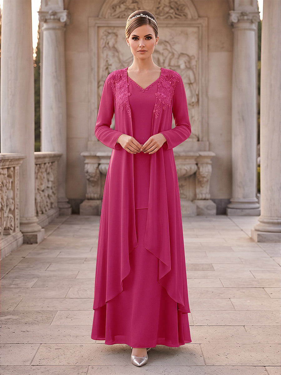A-Line/Princess 2 Pieces Long Sleeves V Neck Floor Length Mother Of The Bride Dresses With Ruffles &amp; Appliques
