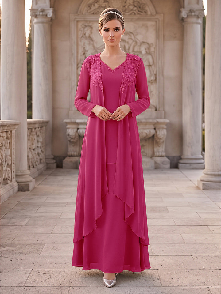A-Line/Princess 2 Pieces Long Sleeves V Neck Floor Length Mother Of The Bride Dresses With Ruffles &amp; Appliques