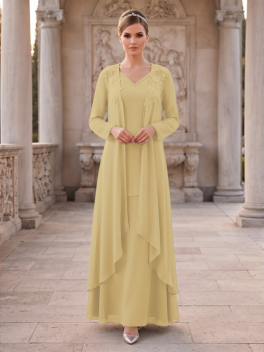 A-Line/Princess 2 Pieces Long Sleeves V Neck Floor Length Mother Of The Bride Dresses With Ruffles &amp; Appliques