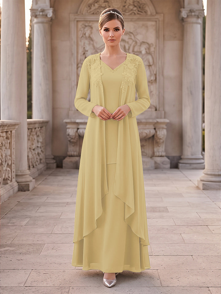 A-Line/Princess 2 Pieces Long Sleeves V Neck Floor Length Mother Of The Bride Dresses With Ruffles &amp; Appliques
