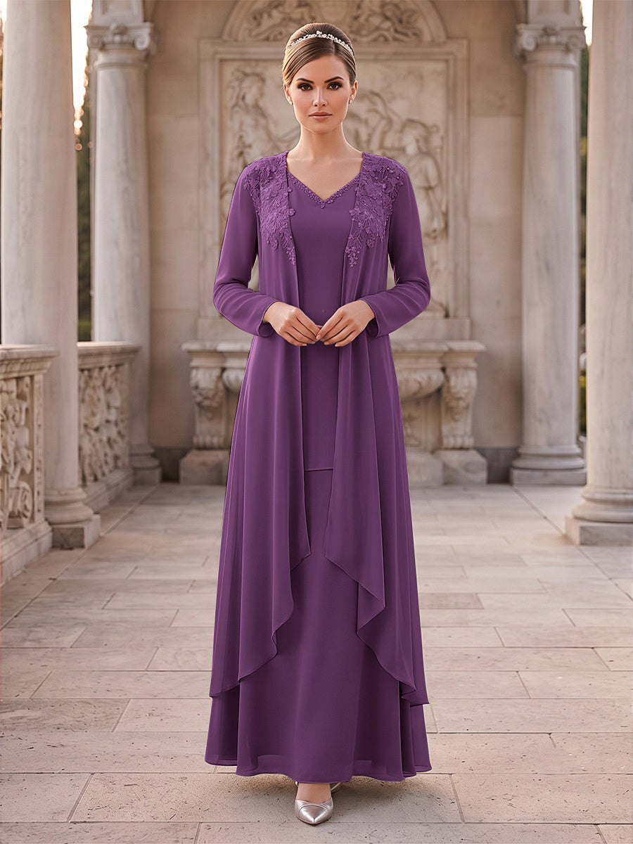 A-Line/Princess 2 Pieces Long Sleeves V Neck Floor Length Mother Of The Bride Dresses With Ruffles &amp; Appliques