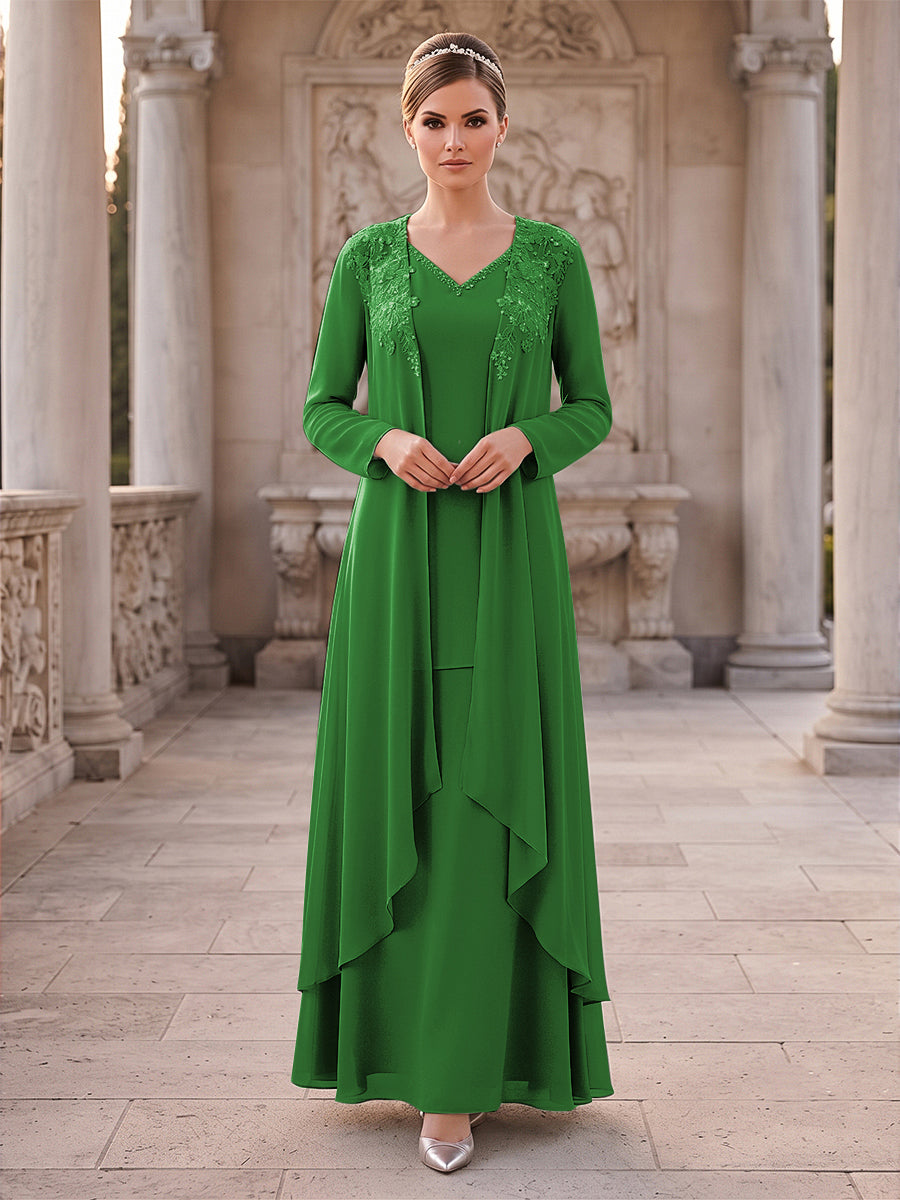A-Line/Princess 2 Pieces Long Sleeves V Neck Floor Length Mother Of The Bride Dresses With Ruffles &amp; Appliques