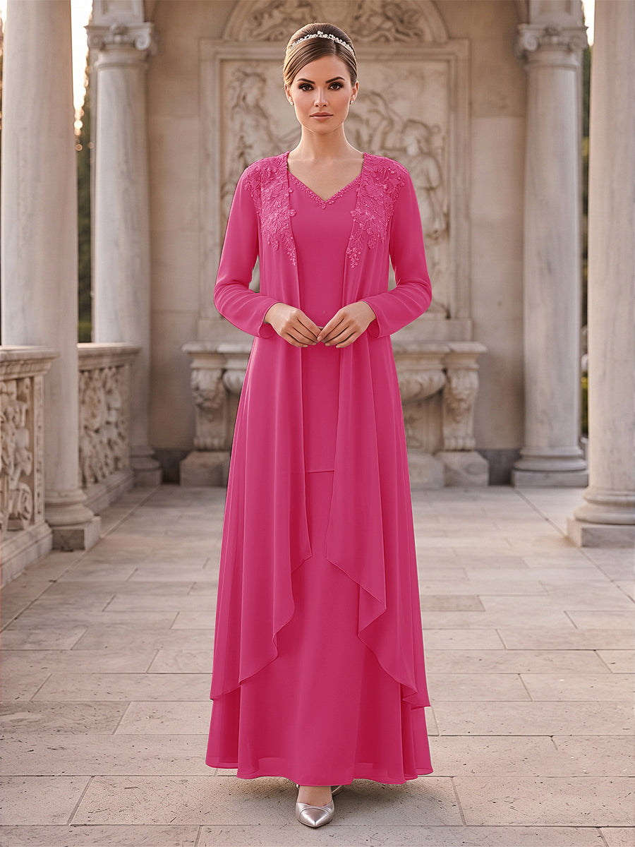 A-Line/Princess 2 Pieces Long Sleeves V Neck Floor Length Mother Of The Bride Dresses With Ruffles &amp; Appliques