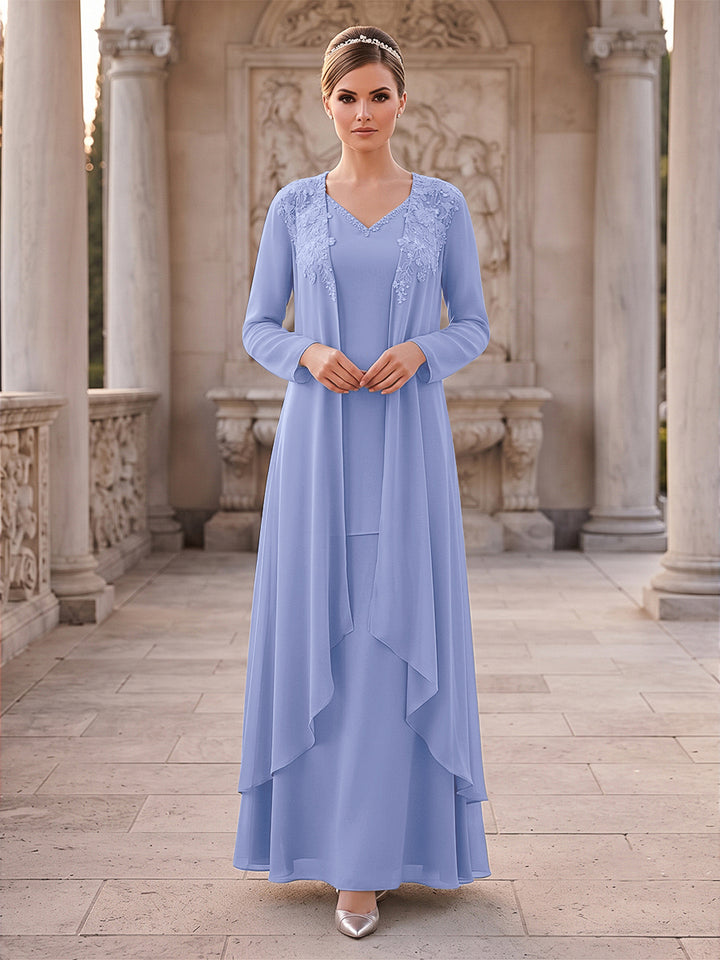 A-Line/Princess 2 Pieces Long Sleeves V Neck Floor Length Mother Of The Bride Dresses With Ruffles &amp; Appliques