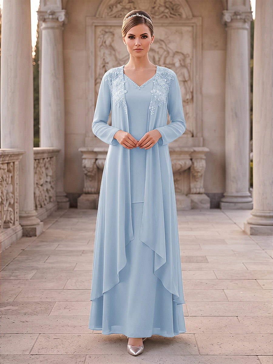 A-Line/Princess 2 Pieces Long Sleeves V Neck Floor Length Mother Of The Bride Dresses With Ruffles &amp; Appliques