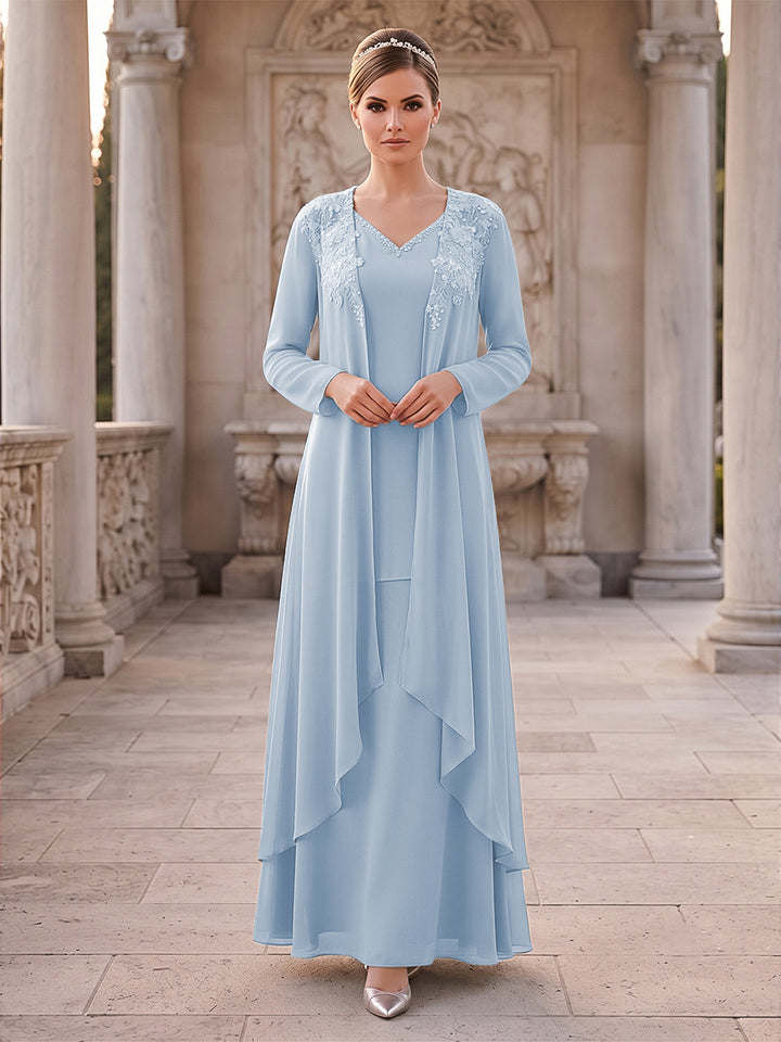 A-Line/Princess 2 Pieces Long Sleeves V Neck Floor Length Mother Of The Bride Dresses With Ruffles &amp; Appliques