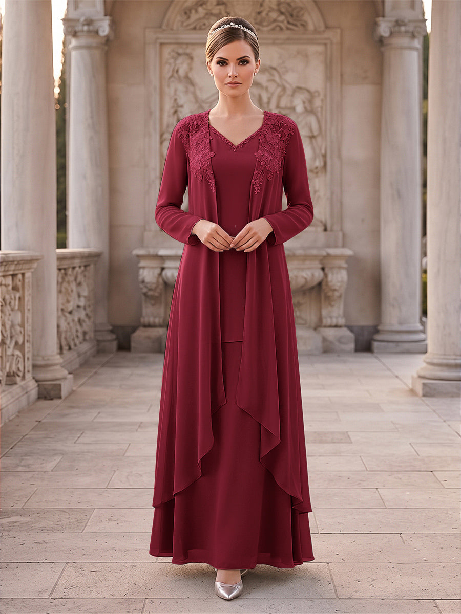 A-Line/Princess 2 Pieces Long Sleeves V Neck Floor Length Mother Of The Bride Dresses With Ruffles &amp; Appliques