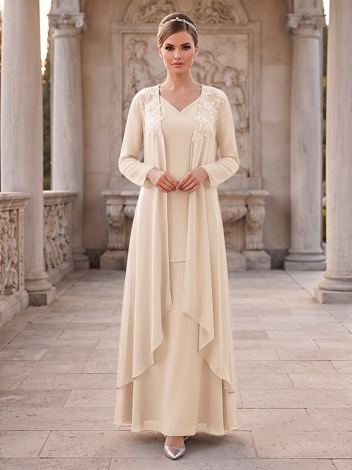 A-Line/Princess 2 Pieces Long Sleeves V Neck Floor Length Mother Of The Bride Dresses With Ruffles &amp; Appliques
