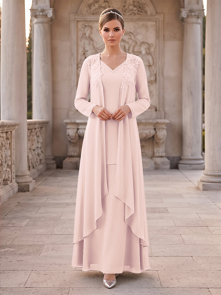 A-Line/Princess 2 Pieces Long Sleeves V Neck Floor Length Mother Of The Bride Dresses With Ruffles &amp; Appliques