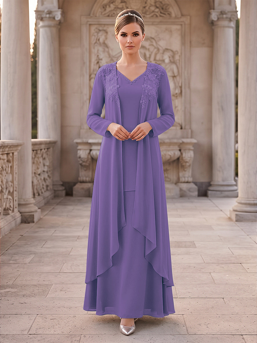 A-Line/Princess 2 Pieces Long Sleeves V Neck Floor Length Mother Of The Bride Dresses With Ruffles &amp; Appliques