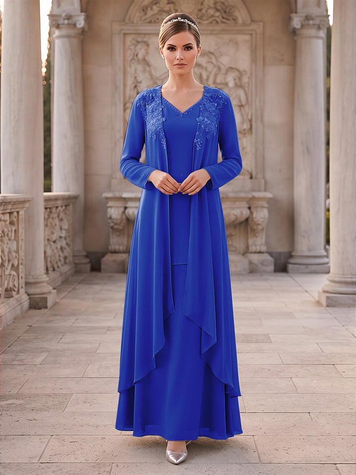 A-Line/Princess 2 Pieces Long Sleeves V Neck Floor Length Mother Of The Bride Dresses With Ruffles &amp; Appliques