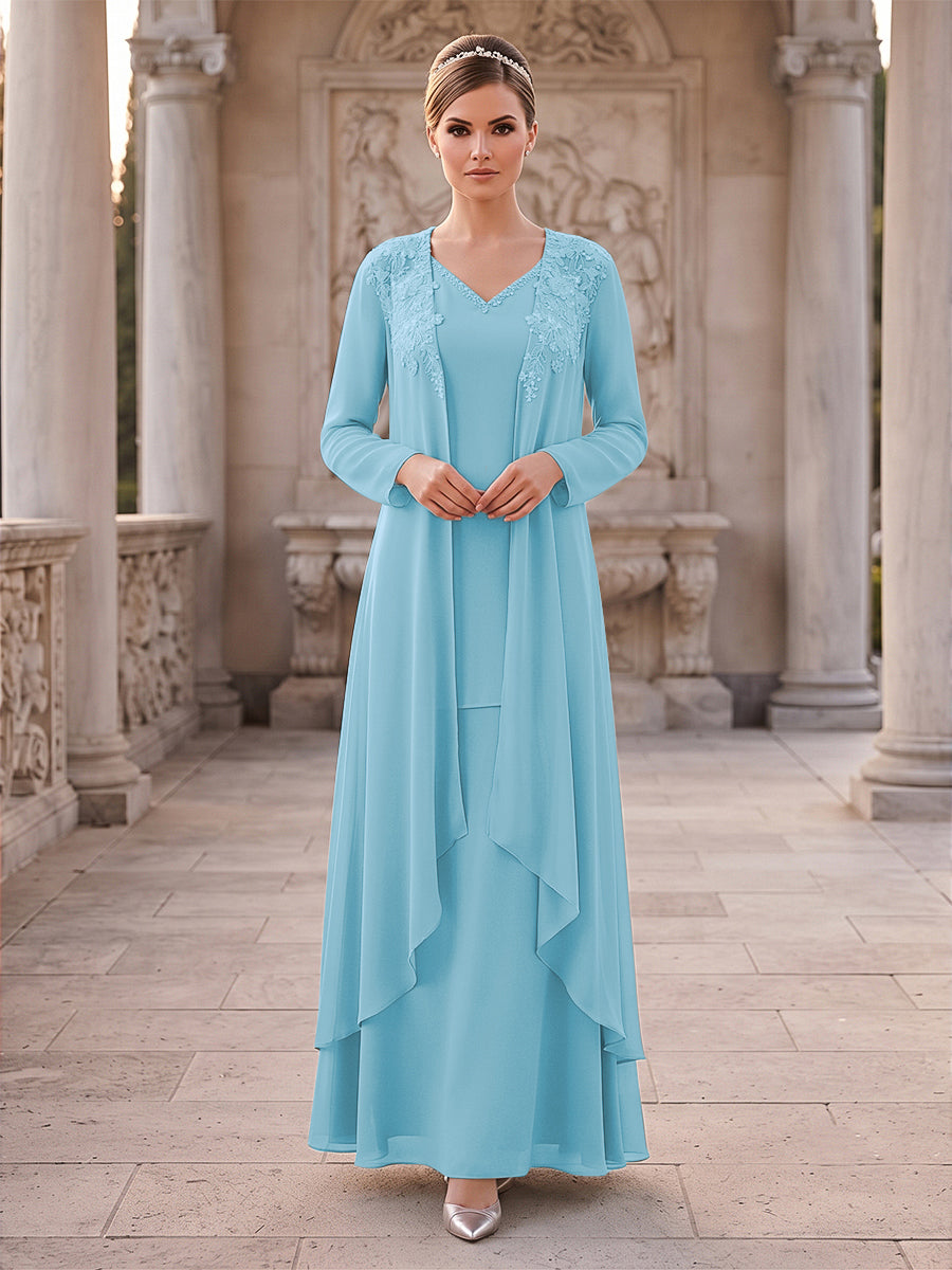 A-Line/Princess 2 Pieces Long Sleeves V Neck Floor Length Mother Of The Bride Dresses With Ruffles &amp; Appliques